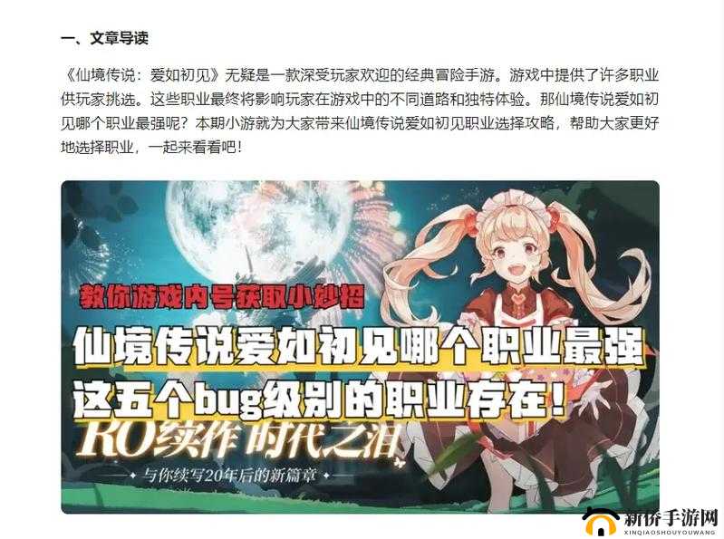仙境传说爱如初见新手职业指南：精选职业选择与推荐概览